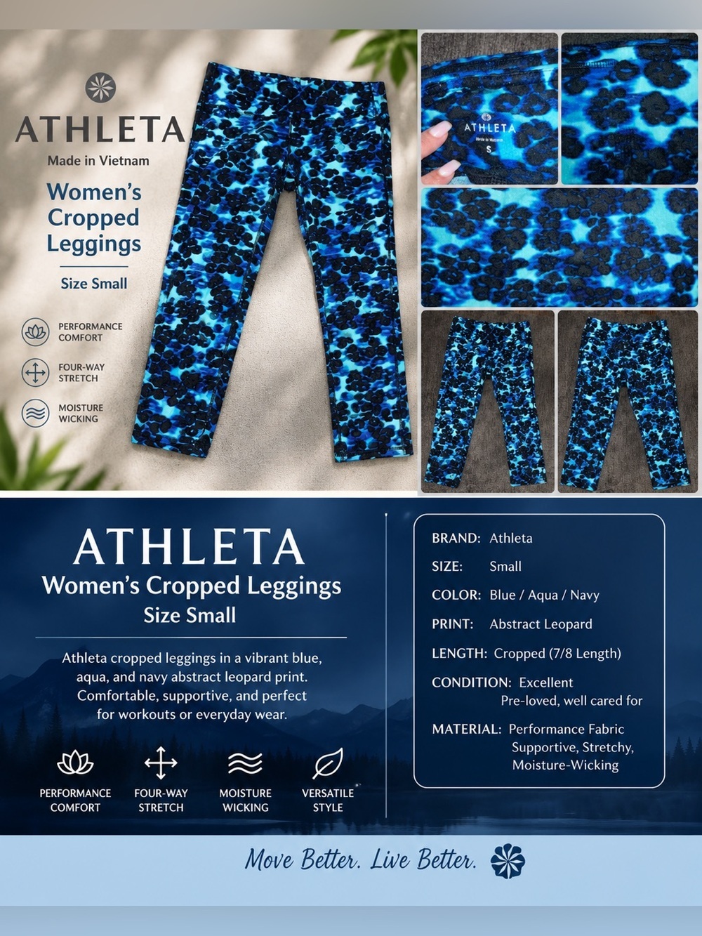Athleta Blue Abstract Leopard Print Cropped Leggings Women’s Small